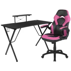 Emma and Oliver Gaming Desk and Racing Chair Set with Headphone Hook, and Monitor Stand Pink