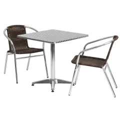 Emma and Oliver 27.5" Square Aluminum Garden Patio Table Set with 2 Rattan Chairs Dark Brown