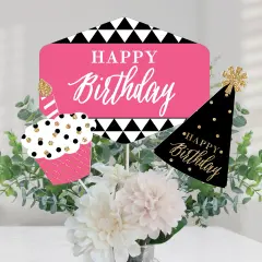 Big Dot of Happiness Chic Happy Birthday - Pink, Black and Gold - Birthday Party Centerpiece Sticks - Table Toppers - Set of 15