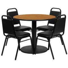 Emma and Oliver 36" Round Laminate Table Set with 4 Trapezoidal Banquet Chairs NaturalTop/BlackVYL