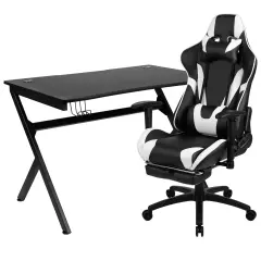 Emma and Oliver Gaming Desk Set - Cup/Headset Holder/Reclining & Footrest Black