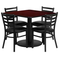 Emma and Oliver 36" Square Laminate Round Base Table Set with 4 Ladder Back Chairs MahoganyTop/BlackVYL