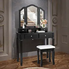 Tri Folding Mirror Vanity Table Stool Set with 4 Drawers and Cushioned Stool Black