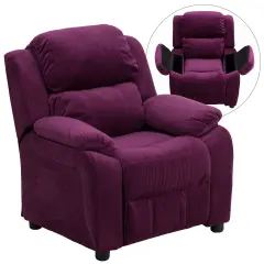 Emma and Oliver Deluxe Padded Contemporary Kids Recliner with Storage Arms Purple Microfiber