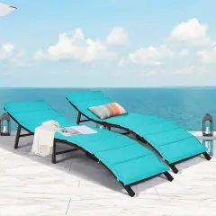 Costway 2PCS Patio Rattan Folding Lounge Chair Chaise Double Sided Cushion Turquoise