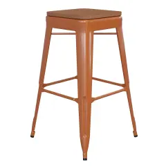 Emma and Oliver Kam Backless Metal Indoor-Outdoor Stool with All-Weather Polystyrene Seat Orange/Teak
