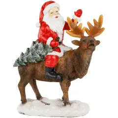 Northlight Santa Claus on a Reindeer Holding a Frosted Pine Tree Christmas Figurine - 8.25" Red