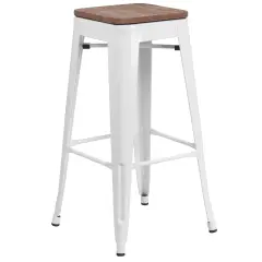 Merrick Lane Dalton Series Backless Metal Dining Stool with Wooden Seat for Indoor Use White