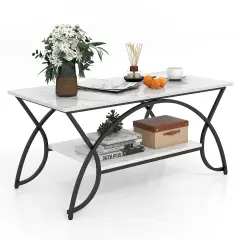 2-Tier Faux Marble Coffee Table with Marble Top and Metal Frame-Black & White Black & White