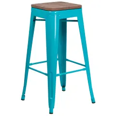 Merrick Lane Dalton Series Backless Metal Dining Stool with Wooden Seat for Indoor Use Crystal Teal-Blue