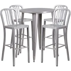 Emma and Oliver Commercial 30" Round Metal Indoor-Outdoor Bar Table Set & 4 Slat Back Stools Silver