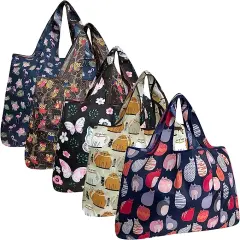 Wrapables Large Foldable Tote Nylon Reusable Grocery Bags, 5 Pack Cats, Owls, Animals