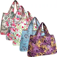 Wrapables Large Foldable Tote Nylon Reusable Grocery Bags, 5 Pack Pink Purple Bouquet