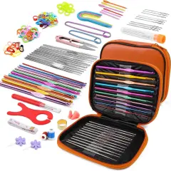 54 Pcs Crochet Needles Set, Crochet Hooks Kit with Storage Case, Ergonomic Knitting Needles Blunt Needles Stitch Marker DIY Hand Knitting Craft Art Tools for Beginners Orange-110Pcs