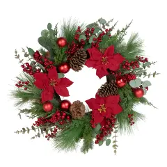Northlight Artificial Red Berry and Poinsettia Christmas Wreath, 28-Inch, Unlit Green