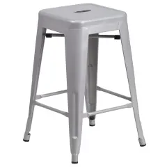 Merrick Lane Newark Series Backless Metal Stool with Square Seat for Indoor-Outdoor Use Silver
