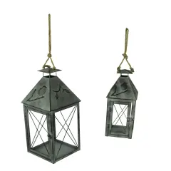 Vintage Grey Metal Bird On Branch Square Candle Lantern Set of 2