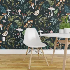 Pre-Pasted Wallpaper 2FT Wide Mushrooms Moody Botanical Woodland Ferns Leaves Nature Cottagecore Custom Pre-pasted Wallpaper by Spoonflower