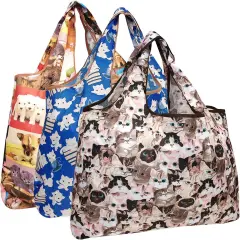 Wrapables Large Foldable Tote Nylon Reusable Grocery Bag, 3 Pack Kitties & Puppies