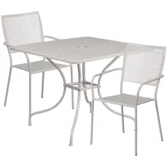 Emma and Oliver Commercial Grade 35.5" Square Metal Garden Patio Table Set, 2 Square Back Chairs Light Gray