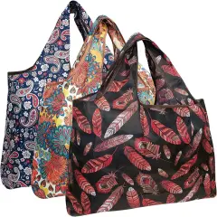 Wrapables Large Foldable Tote Nylon Reusable Grocery Bag, 3 Pack Colorful Motif