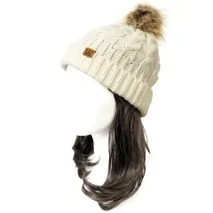 Wrapables Winter Warm Cable Knit Faux Fur Pom Pom Beanie Adult Cream