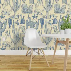Pre-Pasted Wallpaper 2FT Wide Western Cowboy Cowgirl Toile Cactus Chinoiserie Southwestern Cacti Rustic Custom Pre-pasted Wallpaper by Spoonflower