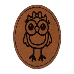 Cute Girl Owl with Bow Round Iron-On Engraved Faux Leather Patch Applique - 2.5" Brown