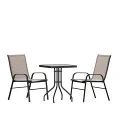 Emma and Oliver Three Piece Patio Table Set with Square Metal Frame Table with Tempered Glass Top and Two Flex Comfort Stacking Chairs Brown