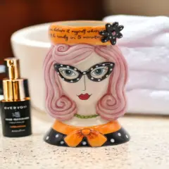 Ceramic Pink Hair Lady Makeup Brush Holder, Home D&eacute;cor, Gift for Her, Mom, Friend, or Coworker, Vanity D&eacute;cor, Office Decor