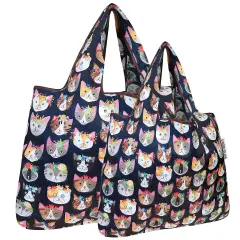 Wrapables Large & Small Foldable Tote Nylon Reusable Grocery Bags, Set of 2 Crazy Cats