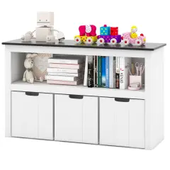 Costway Kids Toy Storage Organizer Wooden Bookshelf with 3 Drawers Hidden Wheel Blackboard