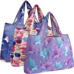 Wrapables Large Foldable Tote Nylon Reusable Grocery Bags, 3 Pack Unicorns & Pegasus