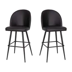 Merrick Lane Teague Set of 2 Modern Armless Barstools with Contoured Backs, Steel Frames, and Integrated Footrests Black LeatherSoft