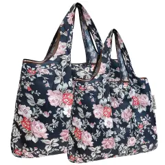 Wrapables Large & Small Foldable Tote Nylon Reusable Grocery Bags, Set of 2 Rose Vines