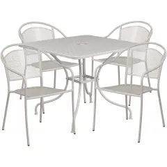 Emma and Oliver Commercial 35.5" Square Metal Garden Patio Table Set w/ 4 Round Back Chairs Light Gray