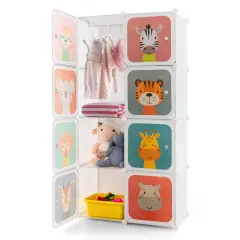 Costway 8-Cube Kids Wardrobe Baby Dresser Bedroom Armoire Clothes Hanging Closet with Doors Blue/Pink/White