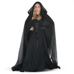 Black Hooded Tulle Cape - Long Chiffon Medieval Net Robe Vampire Bride Sheer Cloak Costume for Adults and Teens