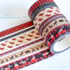 Christmas Buffalo Plaid Deer Holiday Red & Black Washi Tape Set (#W038)