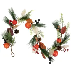 Northlight Mixed Berry, Leaves and Pomegranate Fall Harvest Garland - 6' x 10" - Green and Orange Red