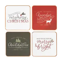 Tis The Season Sentiment Christmas Holiday Square Coasters in Red White and Green Backgrounds Set of 4