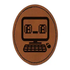 Excited Teary Eyed Kawaii Computer Face Emoticon Round Iron-On Engraved Faux Leather Patch Applique - 2.5" Brown