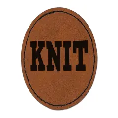 Knit Fun Text Round Iron-On Engraved Faux Leather Patch Applique - 2.5" Brown