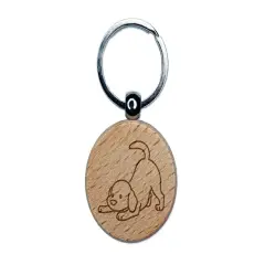 Labrador Retriever Play Bow Dog Engraved Wood Round Keychain Tag Charm