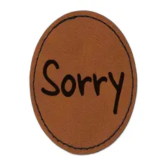 Sorry Text Round Iron-On Engraved Faux Leather Patch Applique - 2.5" Brown