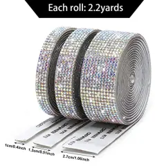3 Rolls 6.6 Yards Self-Adhesive Crystal Rhinestone Diamond Ribbon - DIY Diamond Ribbon Stickers with 2 mm Rhinestones for Arts Crafts,Bling Ribbon Rolls for Vases,Car,Wedding Cake Decoration(AB Color)