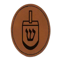 Dreidel Dreidl Jewish Hanukkah Round Iron-On Engraved Faux Leather Patch Applique - 2.5" Brown