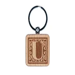 Monogram Swirls Capital Letter U Engraved Wood Square Keychain Tag Charm
