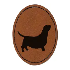 Basset Hound Dog Solid Round Iron-On Engraved Faux Leather Patch Applique - 2.5" Brown