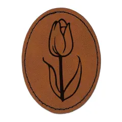 Hand Drawn Tulip Flower Doodle Round Iron-On Engraved Faux Leather Patch Applique - 2.5" Brown